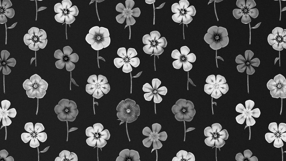 Black&white flower pattern desktop wallpaper, editable vintage botanical illustration by Pierre Joseph Redouté. Remixed by…