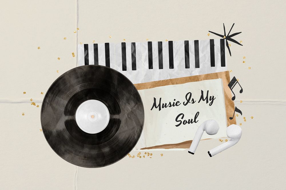 Music is my soul, editable quote with vinyl record collage design