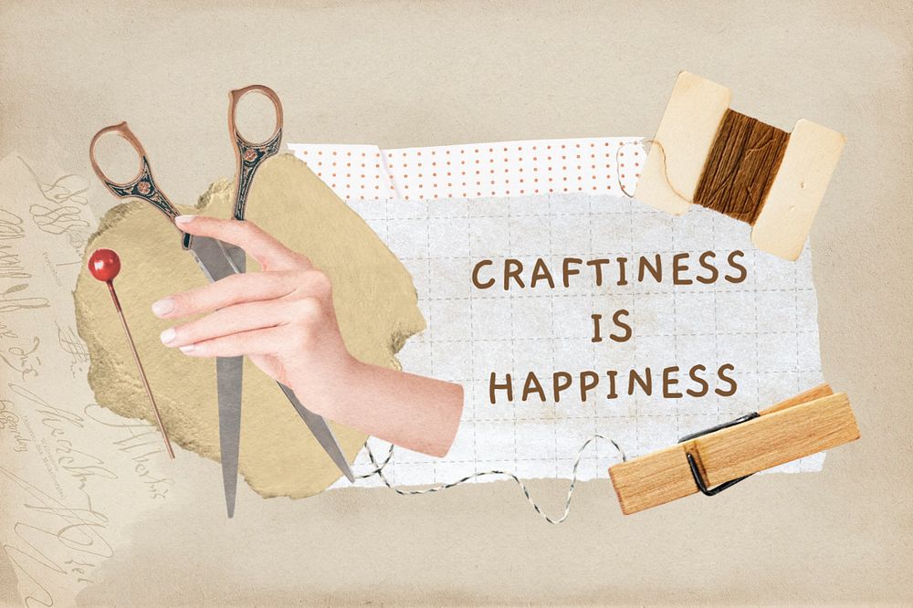 Sewing hobby notepaper, editable craftiness is happiness word remix collage design