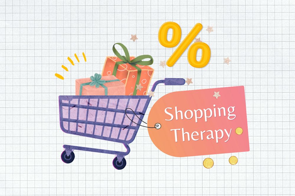 Shopping therapy words, editable paper collage design