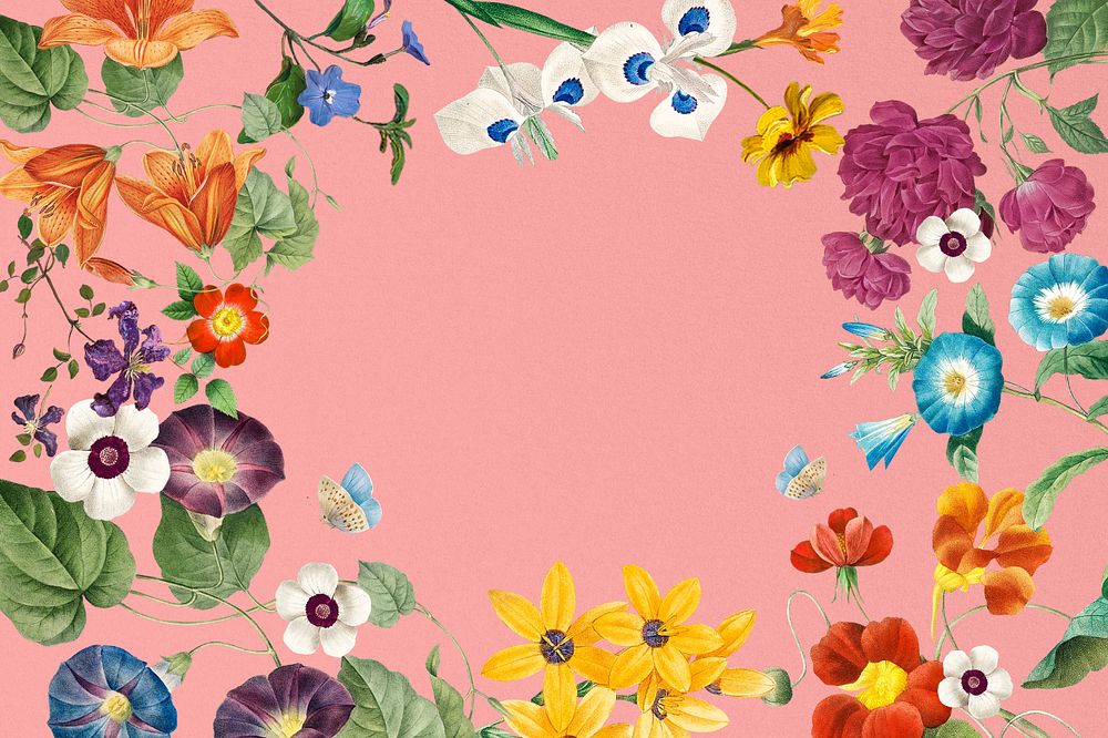 Vintage floral frame pink background, editable aesthetic illustration by Pierre Joseph Redouté. Remixed by rawpixel.