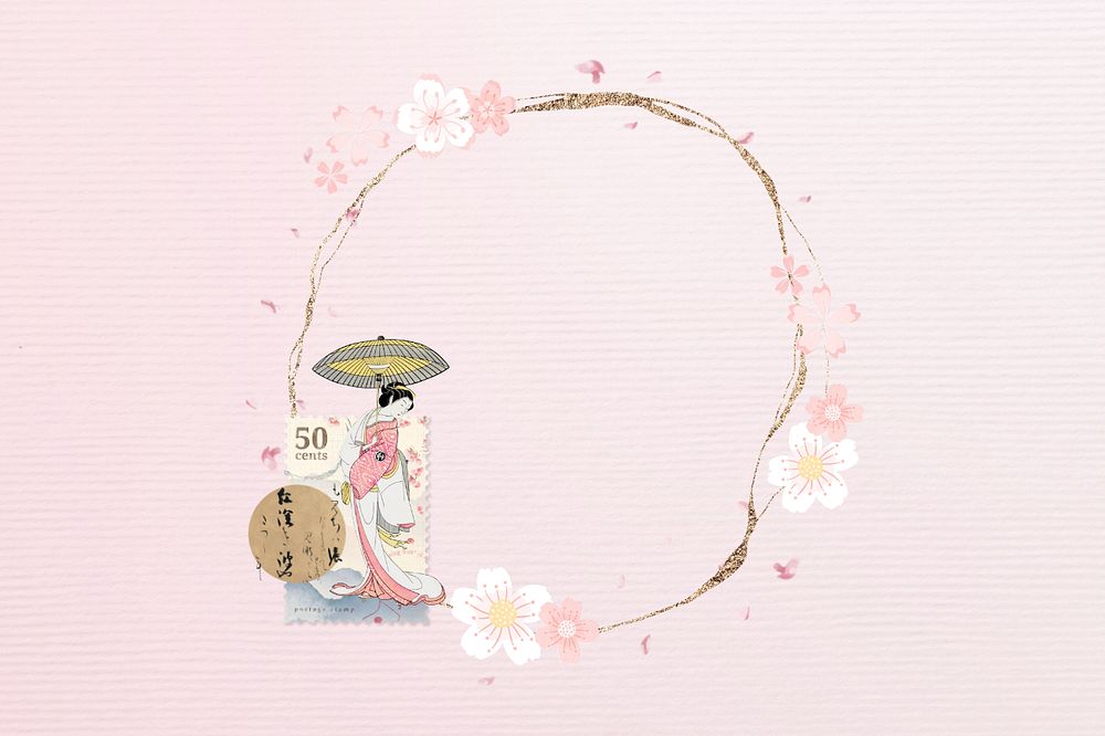 Editable pink sakura background, vintage Japanese woman round frame design