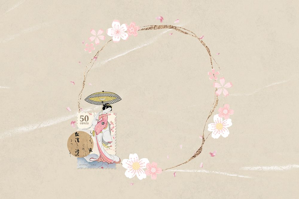 Vintage Japanese woman round frame, editable brown background design