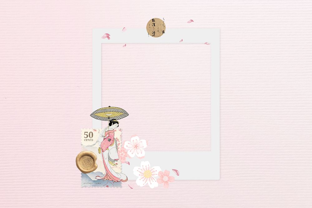 Editable floral instant film frame, vintage Japanese woman character collage element remix design