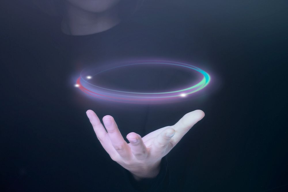 Futuristic advanced technology, circle ring in hand, digital remix, editable design