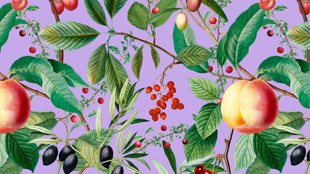 Aesthetic fruit pattern desktop wallpaper, editable vintage botanical illustration  by Pierre Joseph Redouté. Remixed by…