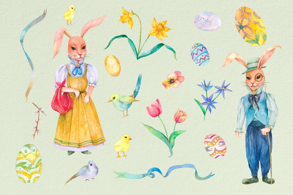 Cute Easter watercolor illustration, editable sticker set