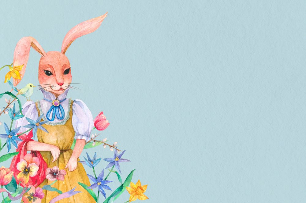 Vintage rabbit character, blue background, editable design