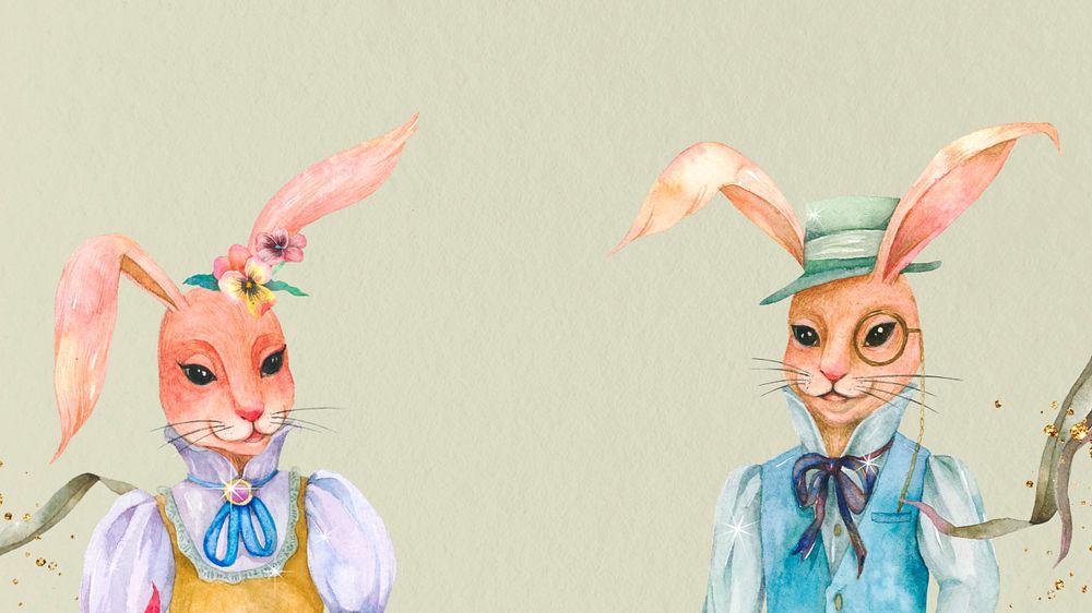 Easter rabbit characters desktop wallpaper, editable green vintage background