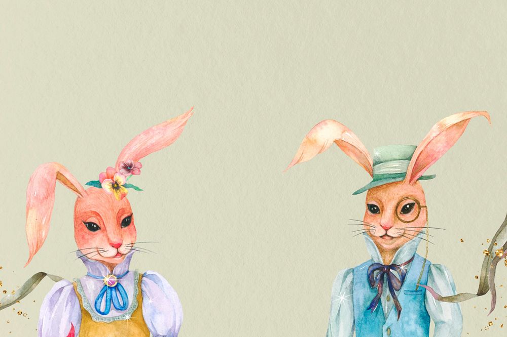 Vintage rabbit characters, green background, editable watercolor design