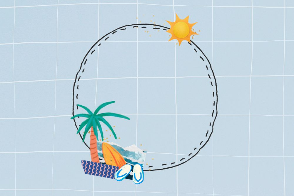 Summer round frame, editable tropical palm tree collage design