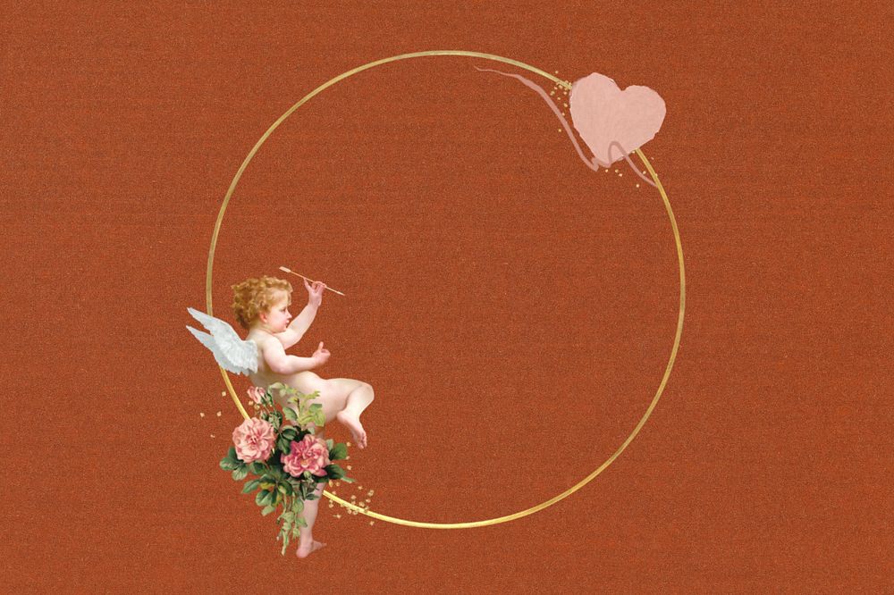 Valentine's gold round frame, editable cupid heart collage design