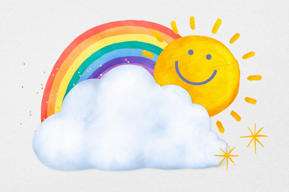 Sunny sky, rainbow & happy sun collage design