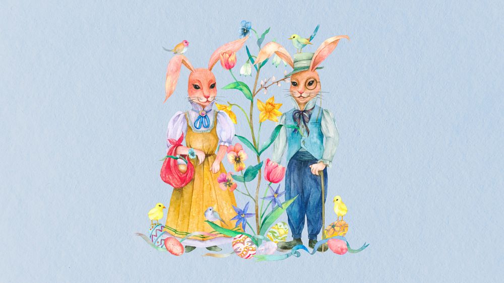 Pastel desktop wallpaper, rabbit characters, editable Easter celebration background