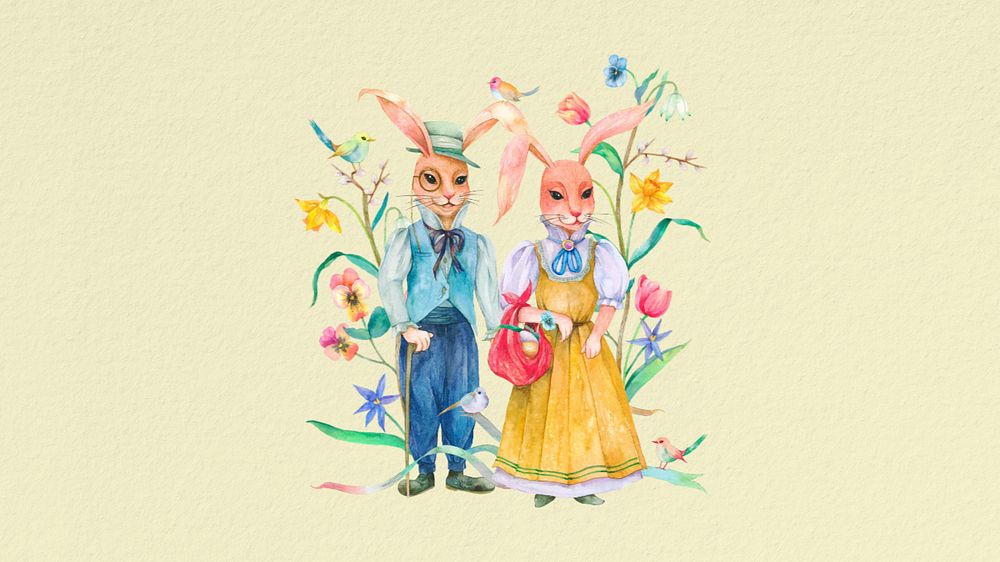 Vintage rabbit characters desktop wallpaper, editable watercolor design