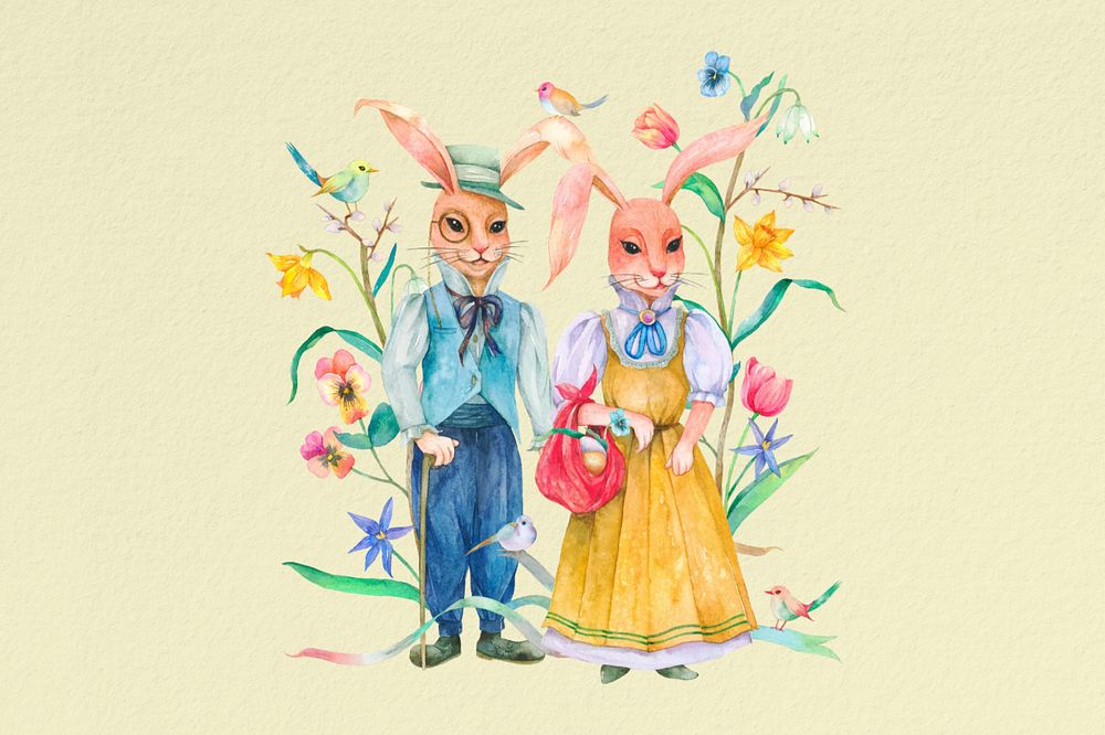 Vintage rabbit characters & flowers background, editable watercolor design