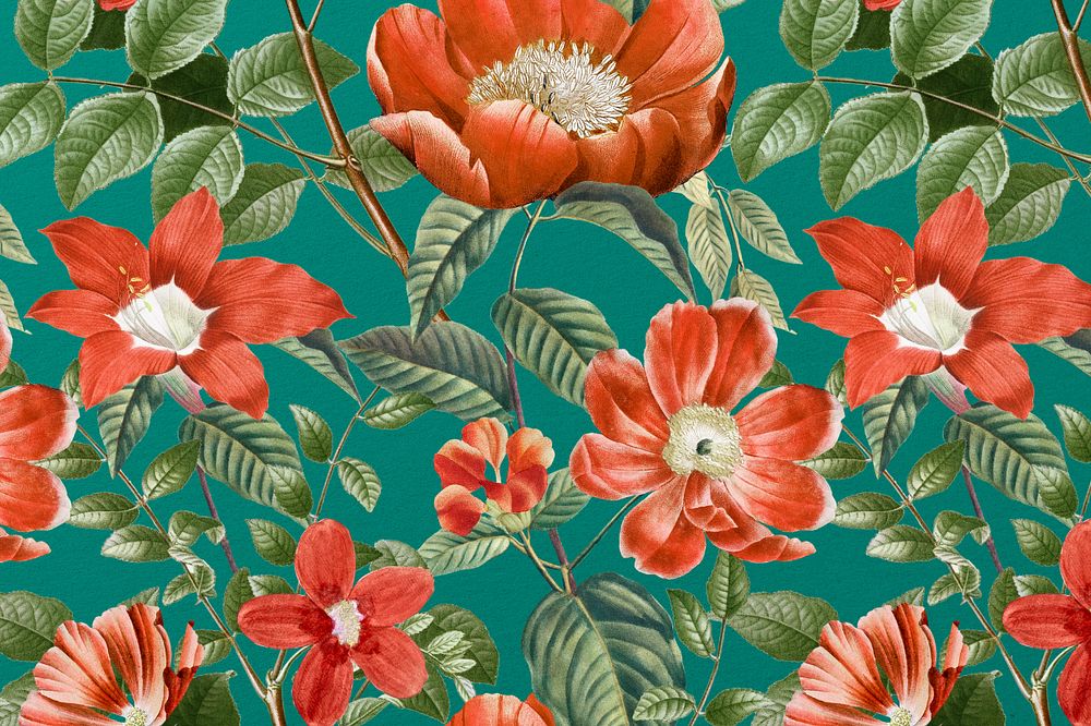 Vintage red flower pattern background, editable aesthetic botanical illustration by Pierre Joseph Redouté. Remixed by…