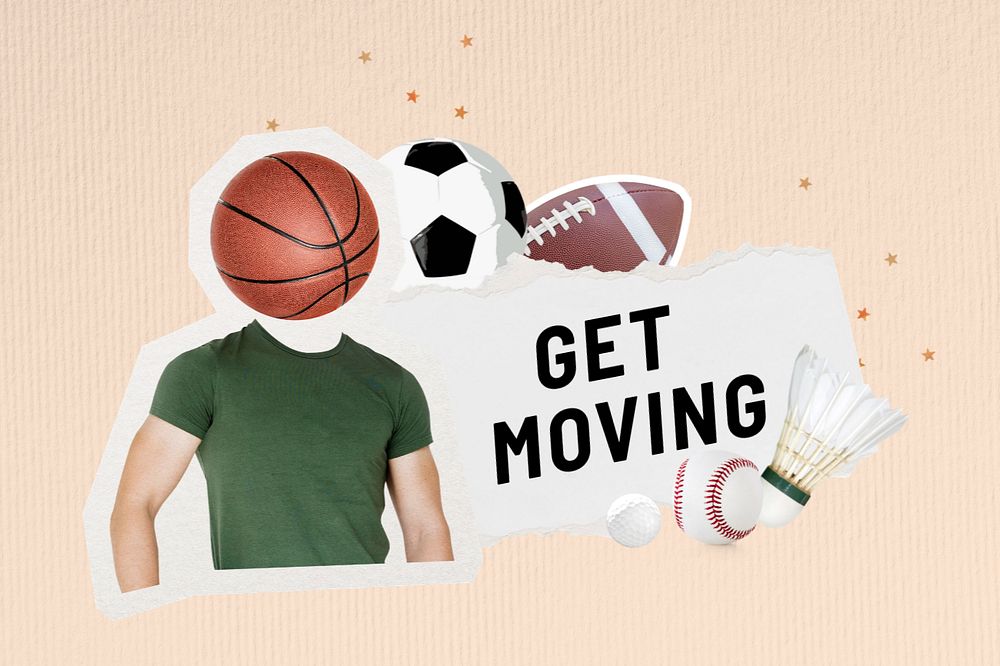 Editable get moving words, sports paper collage design