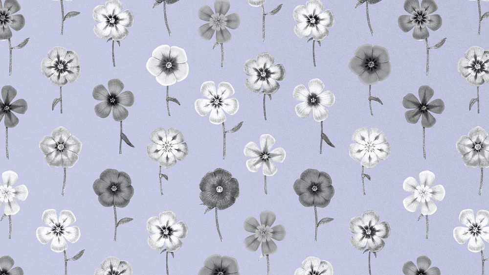 Monotone flower pattern desktop wallpaper, editable vintage botanical illustration by Pierre Joseph Redouté. Remixed by…