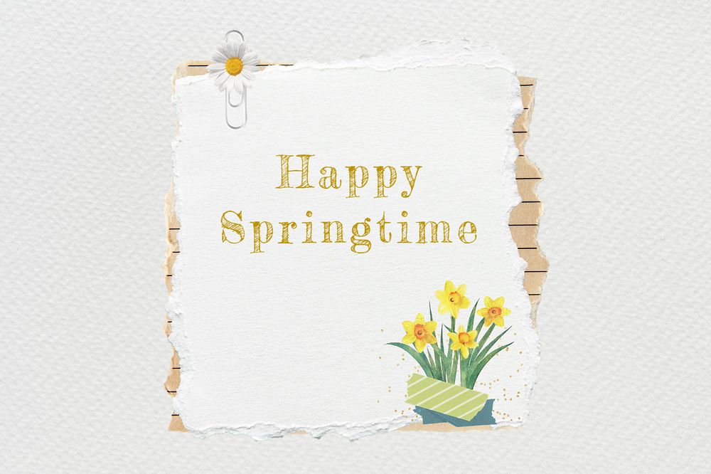 Editable ripped Spring note paper, happy springtime collage element remix design