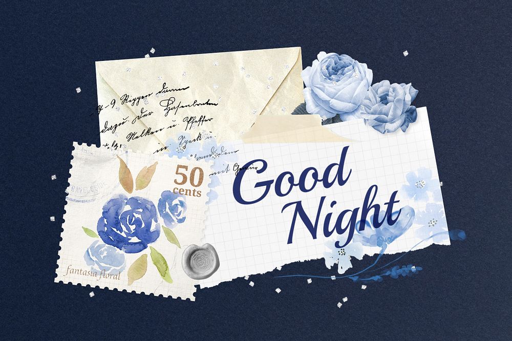 Editable vintage rose postal, blue collage element design