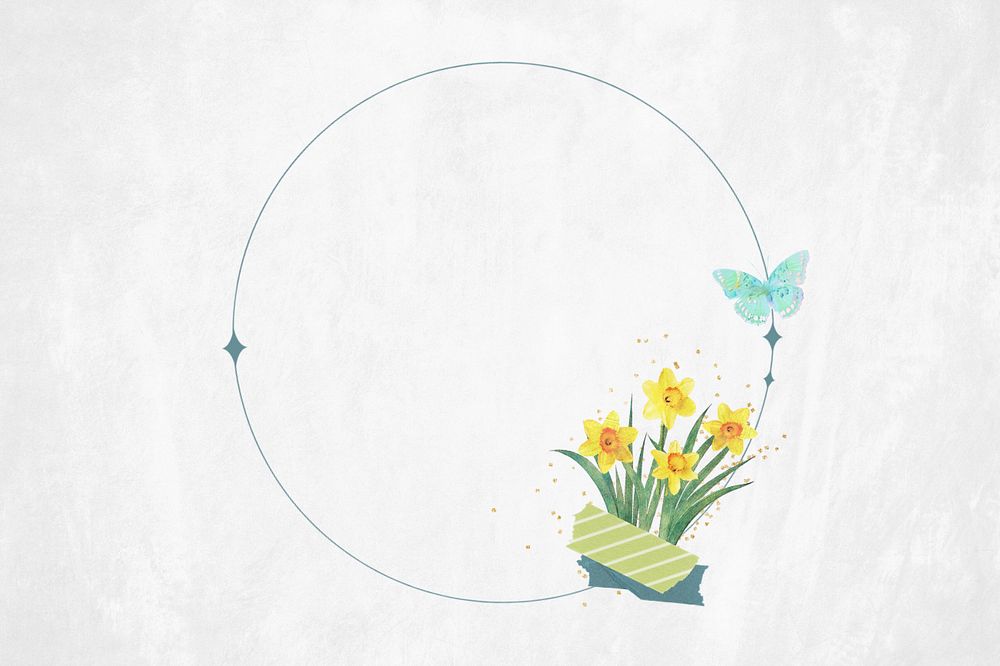 Aesthetic Spring round frame, editable daffodil flower collage element remix design