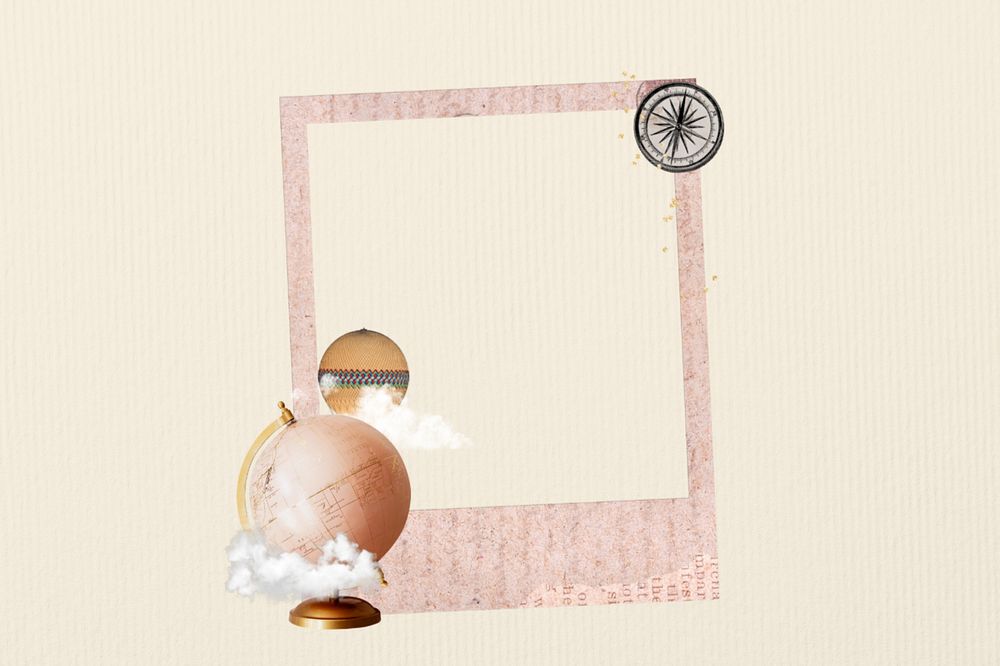 Pink globe instant film frame, editable travel collage element remix design