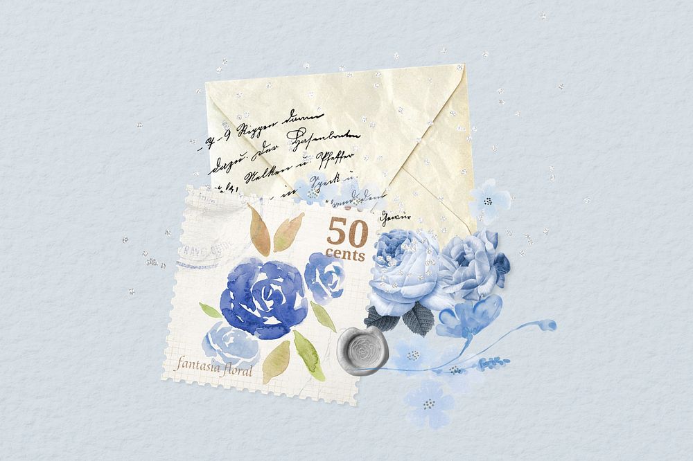 Vintage blue rose postal, editable collage element design