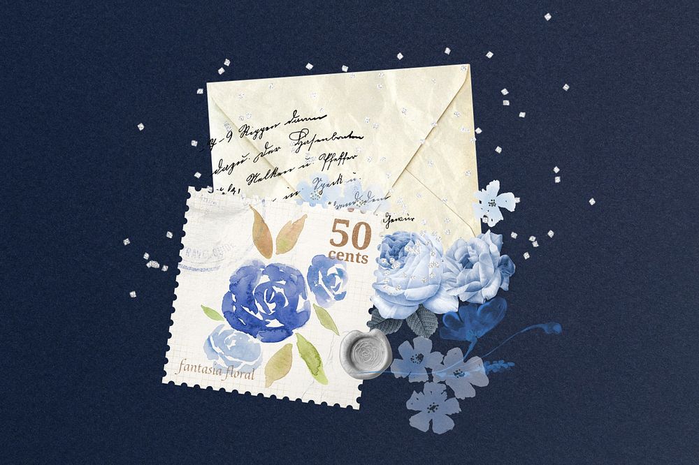 Editable vintage blue rose postal collage element design