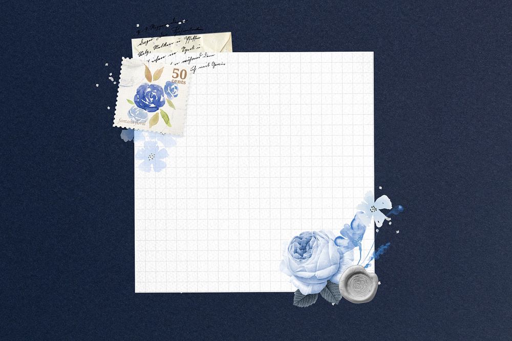 Vintage blue rose grid paper, editable note collage element remix design