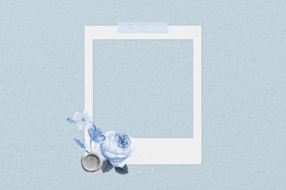 Vintage rose instant film frame, editable blue collage element remix design