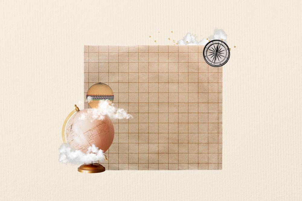 Brown grid notepaper, editable travel globe collage design