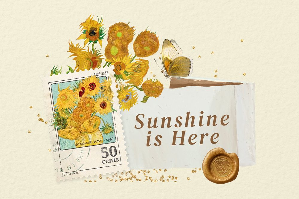 Van Gogh's Sunflowers notepaper, editable Sunshine is here words collage design