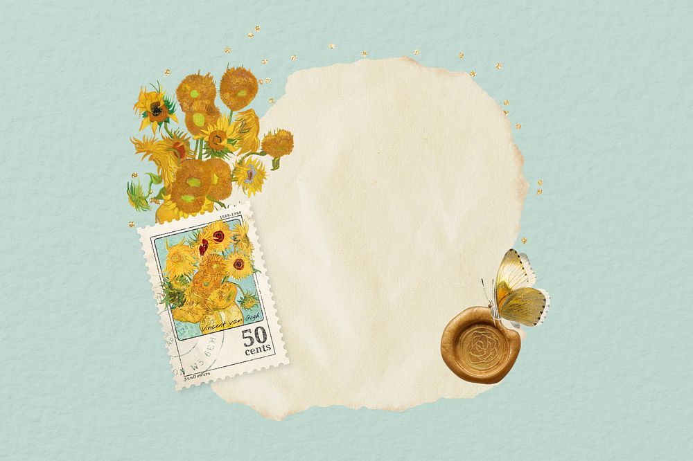 Van Gogh's Sunflowers ripped paper, vintage flower collage, remixed by rawpixel