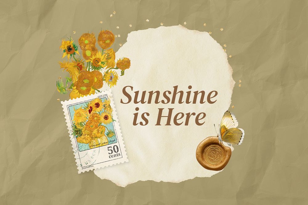 Sunshine is here words notepaper, editable Van Gogh's Sunflowers collage design