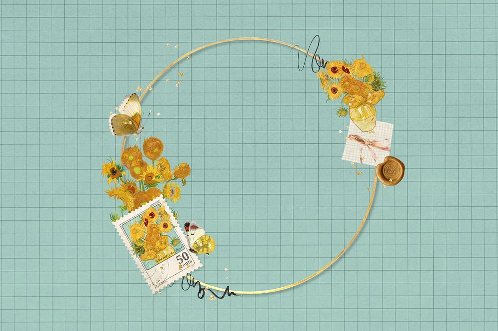 Van Gogh's Sunflowers frame, editable gold round aesthetic, remixed by rawpixel