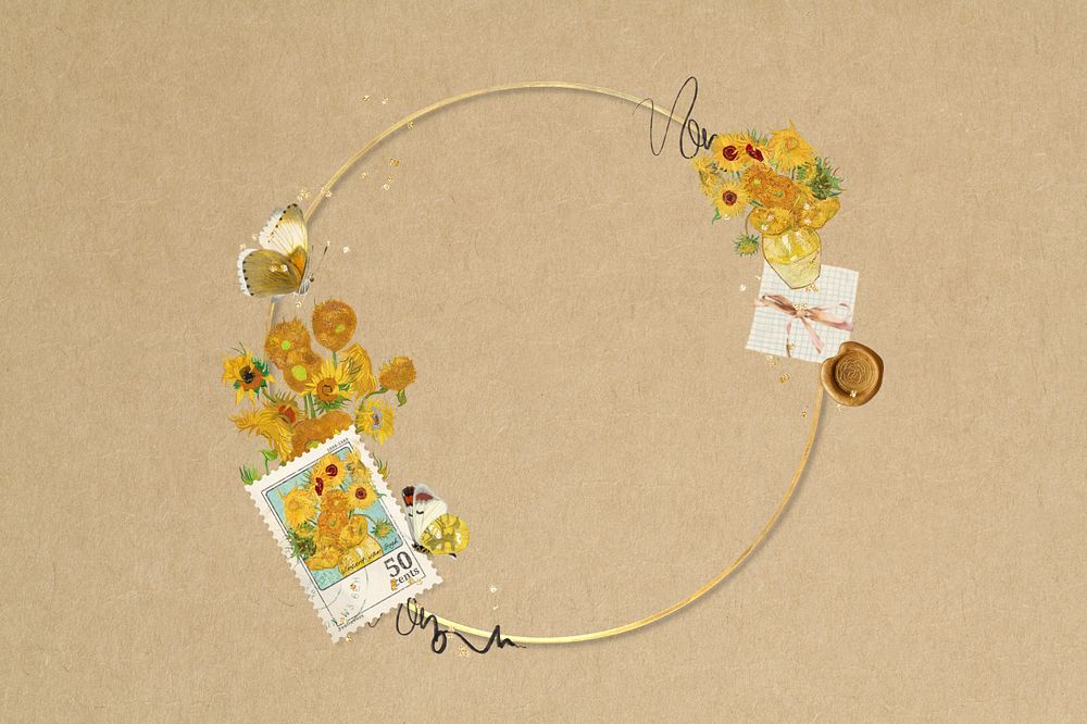 Van Gogh's Sunflowers frame, editable gold round aesthetic, remixed by rawpixel