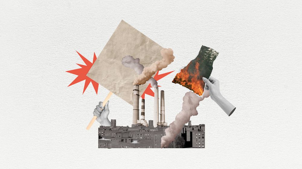 Air pollution factory desktop wallpaper, hands destroying environment remix, editable design