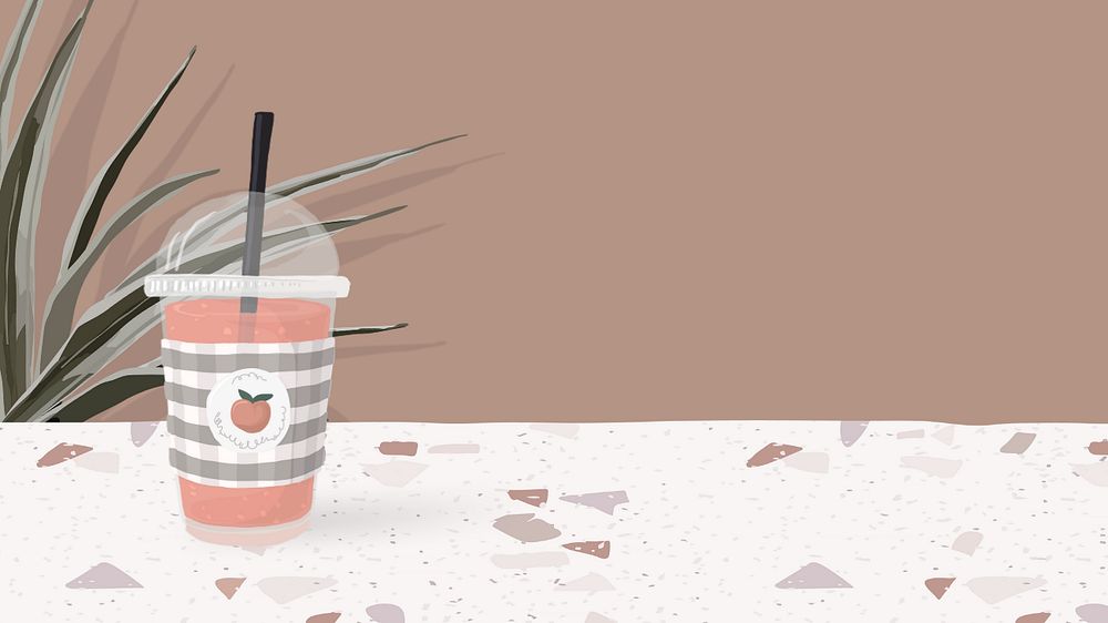 Cute drink on terrazzo, desktop wallpaper, editable aesthetic illustration