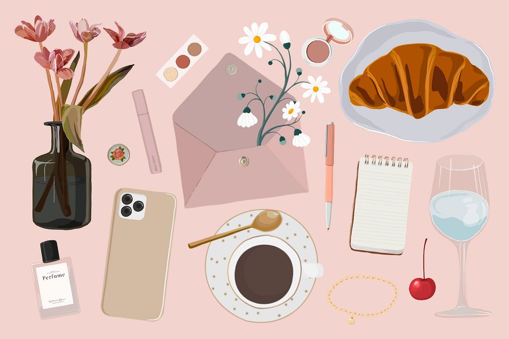 Aesthetic cafe objects, feminine background, editable design