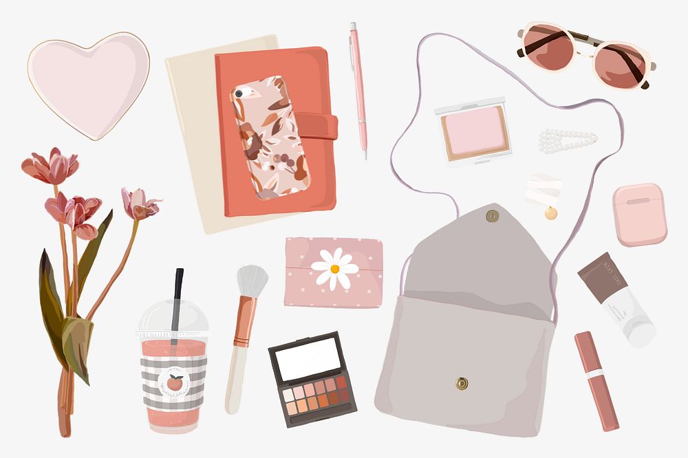 Feminine daily purse objects background, editable aesthetic illustration