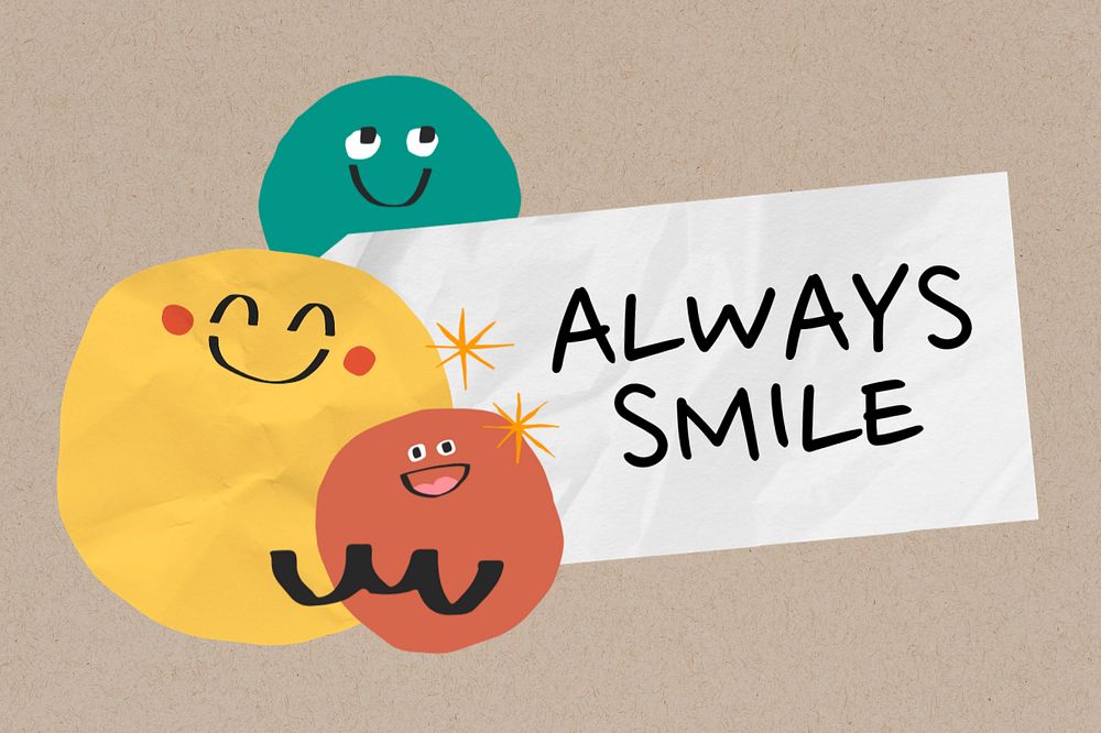 Emoji doodle wrinkled paper, editable always smile word design