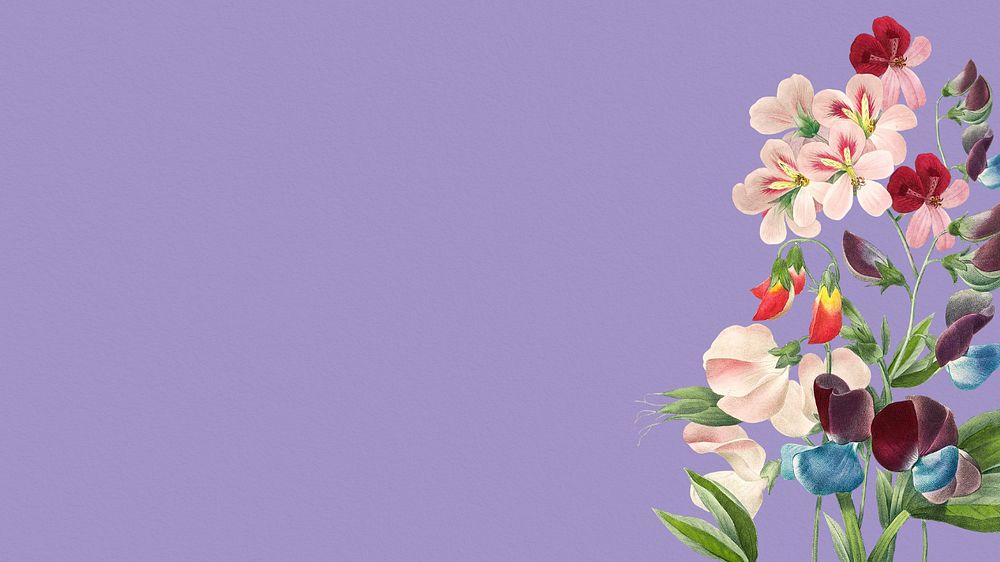 Aesthetic flower border desktop wallpaper, editable sweet pea illustration by Pierre Joseph Redouté. Remixed by rawpixel.