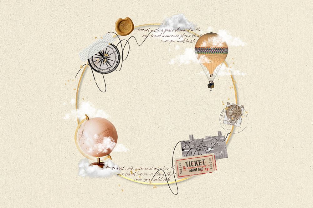 Travel globe round frame, editable gold collage design