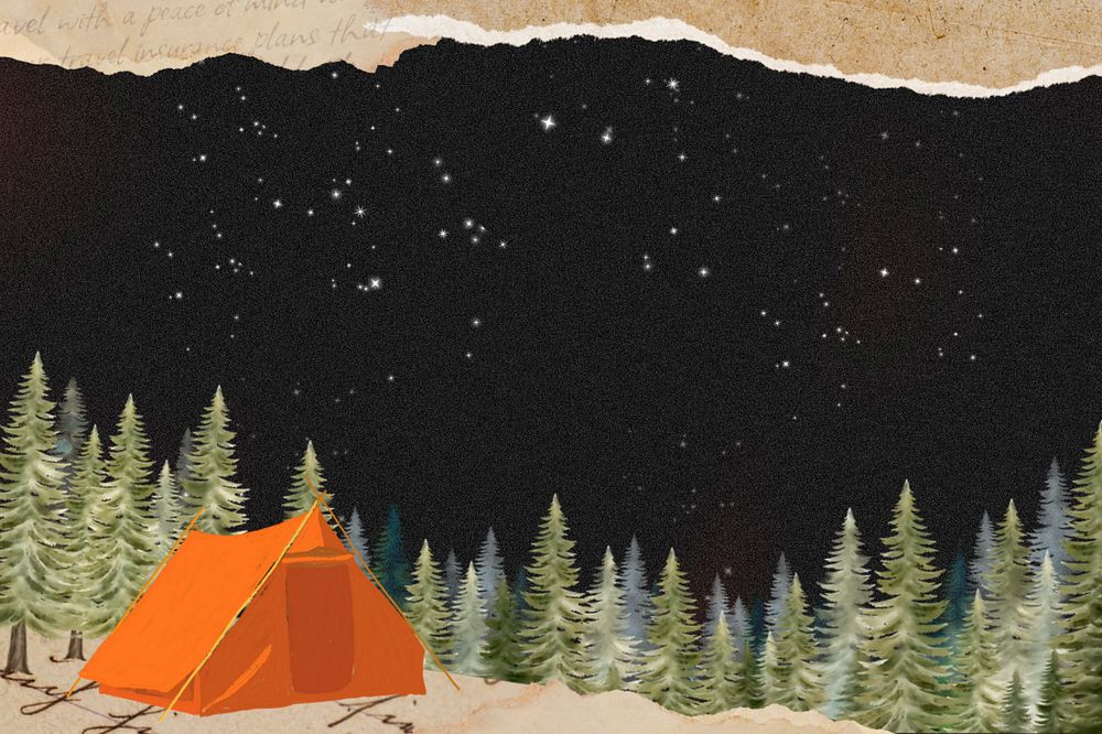 Editable night camping tent background, aesthetic travel collage design