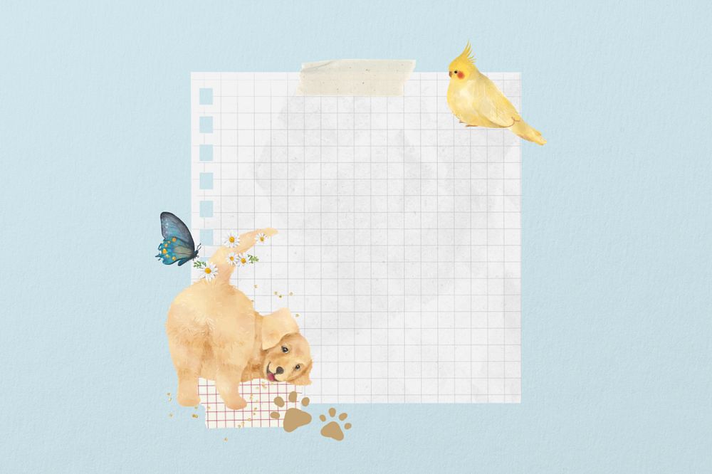 Editable wrinkled grid notepaper, cute Golden Retriever border design