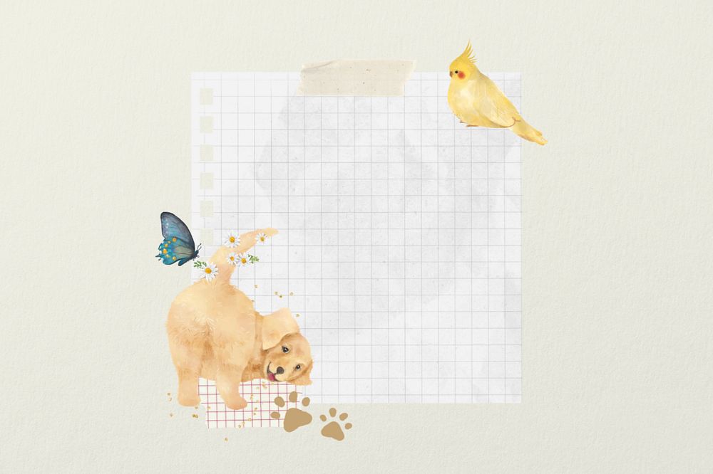 Wrinkled grid notepaper, editable cute Golden Retriever border collage design