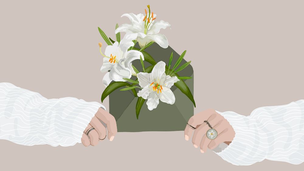 Letter & white flowers, desktop wallpaper, editable aesthetic illustration