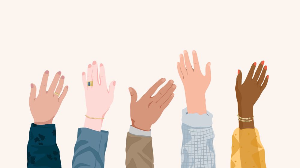 Hands raising computer wallpaper, editable vector illustration