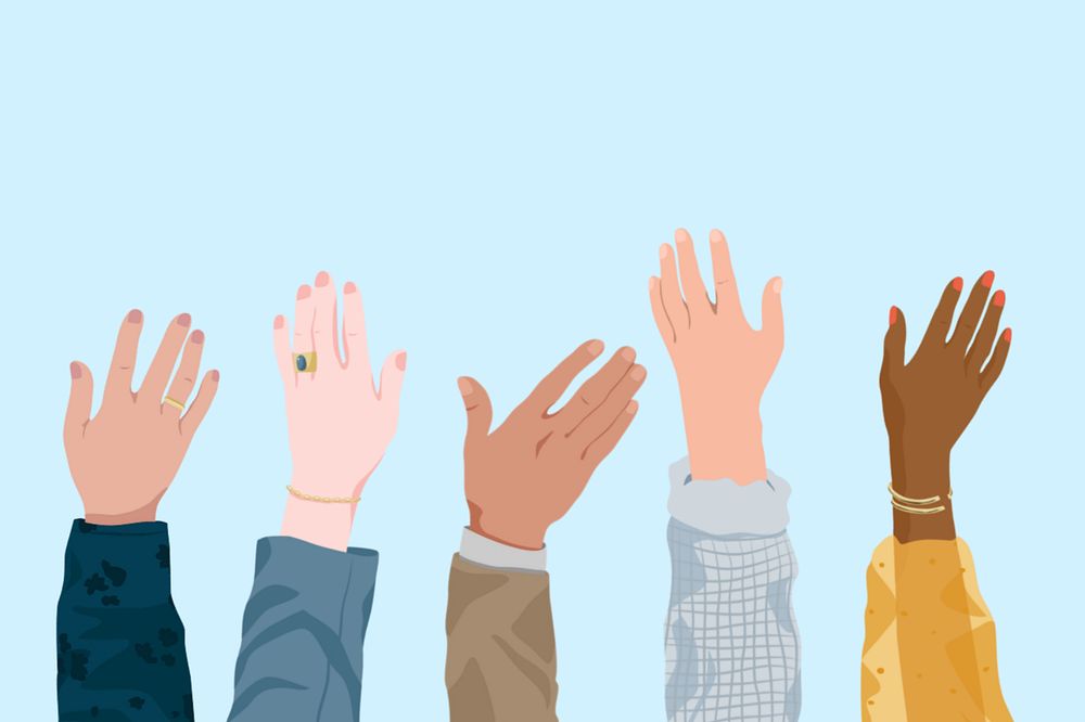 Hands raising blue background, editable vector illustration